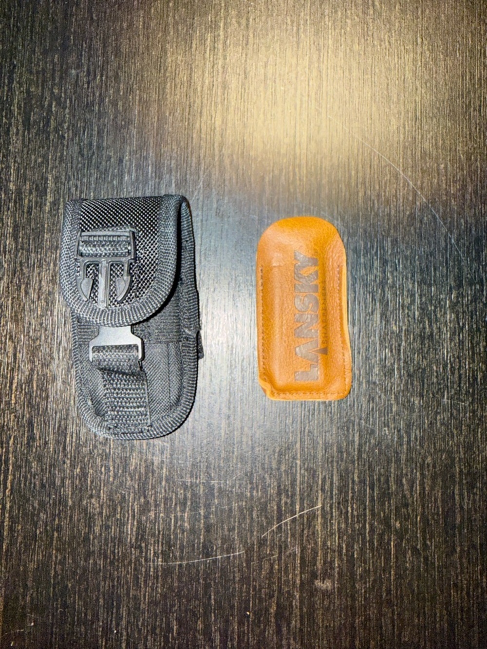 Orange Leather Pocket Sharpener Sleeve with Black Nylon Belt Pouch